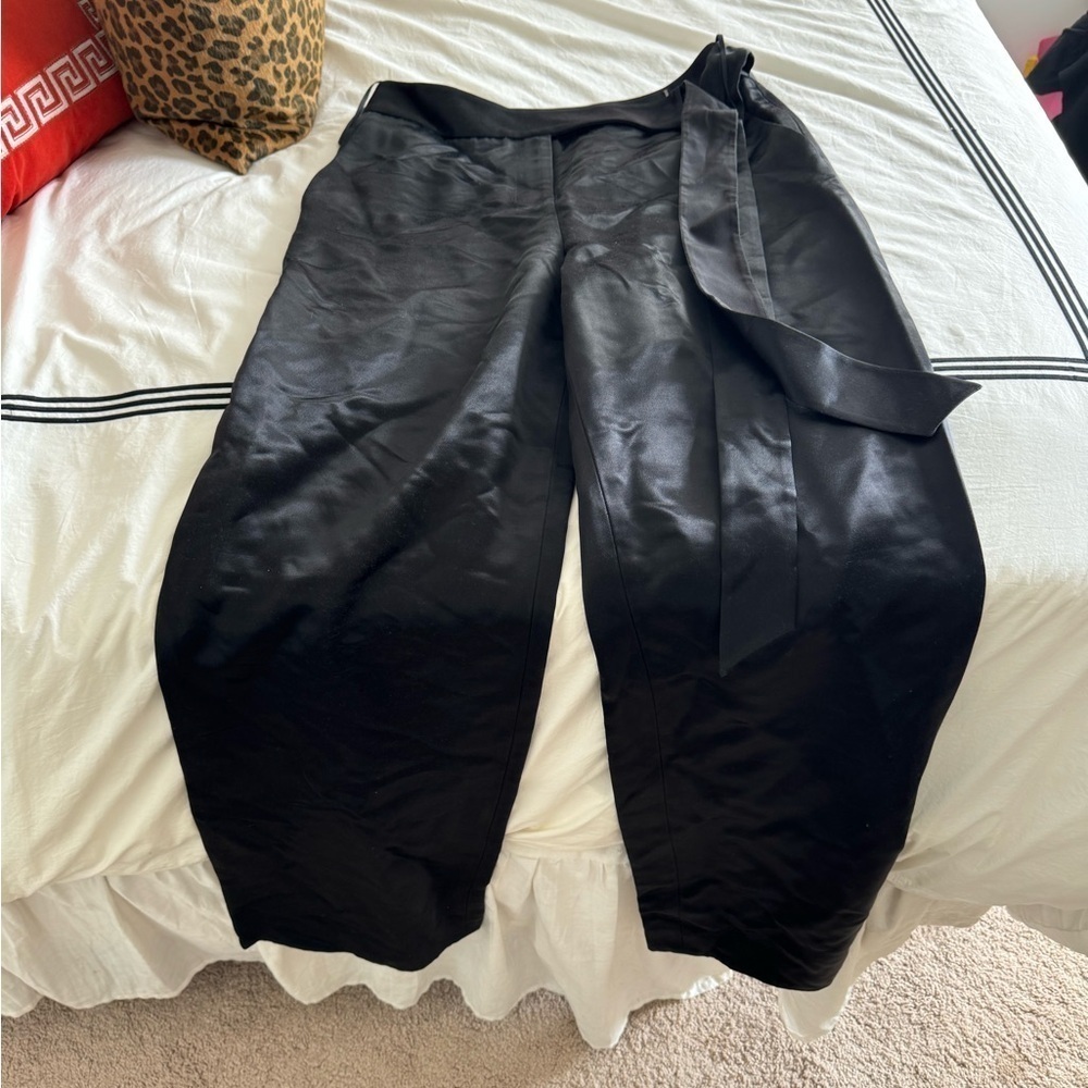 Tibi- Black Wide Leg Satin Pants with Tie Sash Belt - Picture 3 of 6